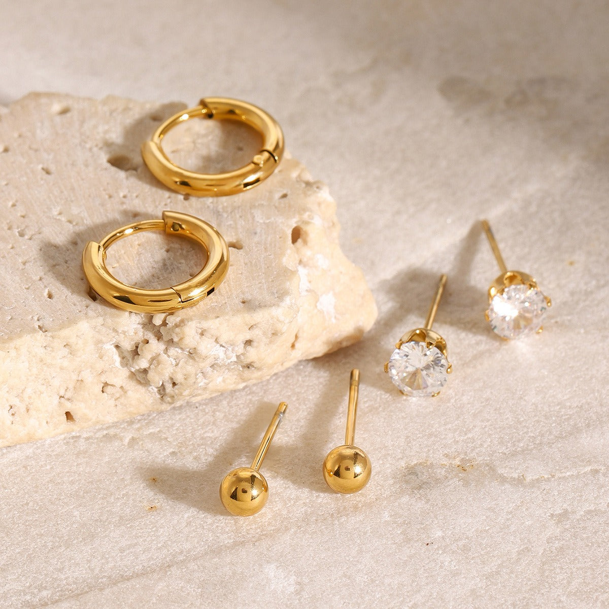Gold Plated Triple-Element Hoop Earrings with Gem Inlay-Luxore