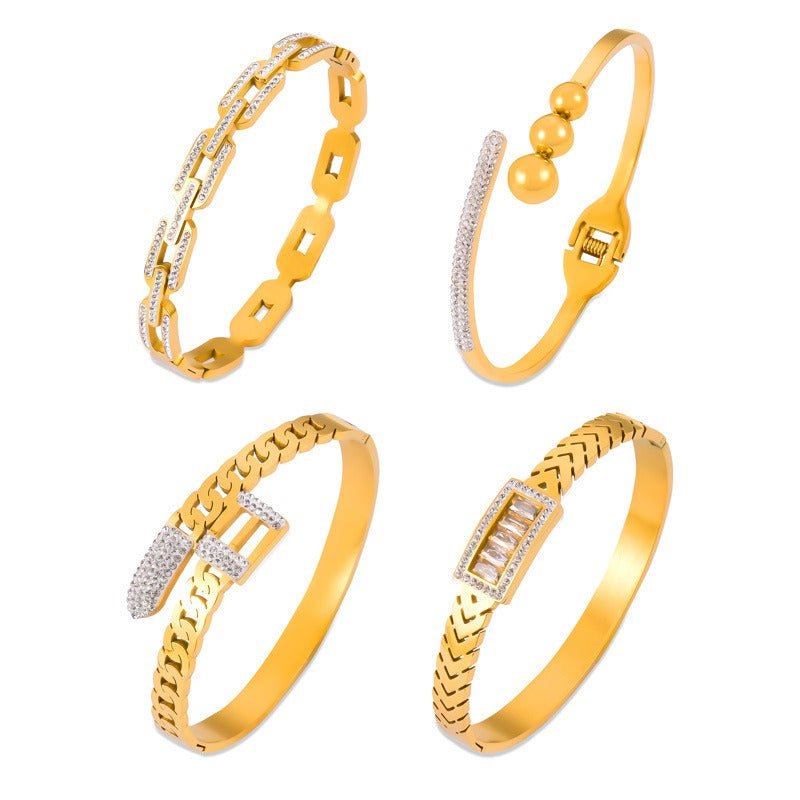 18K gold exquisite fashion inlaid gemstones and diamonds with hollow design bracelet-Luxore