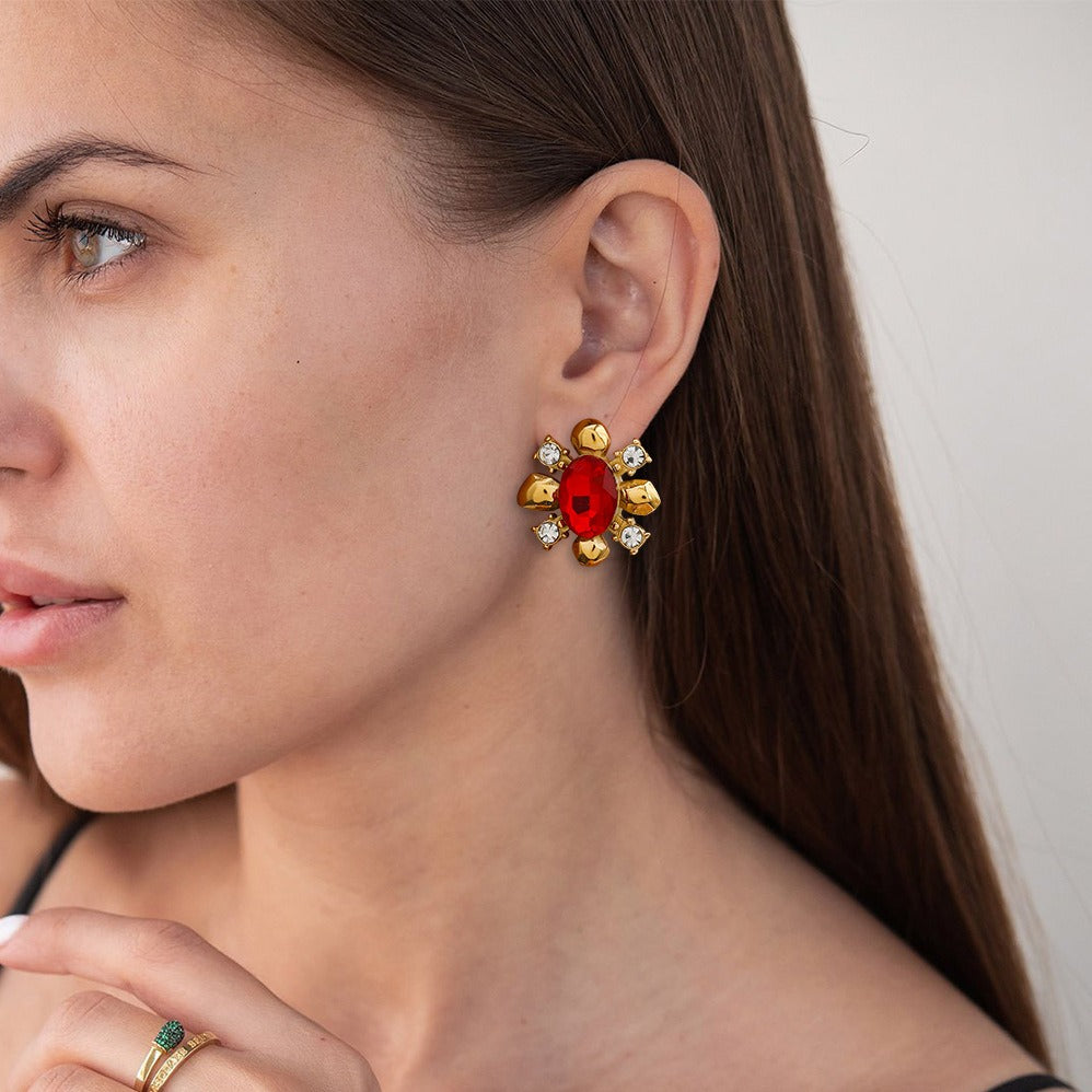 18K gold flower-shaped inlaid gemstone design high-end earrings-Luxore