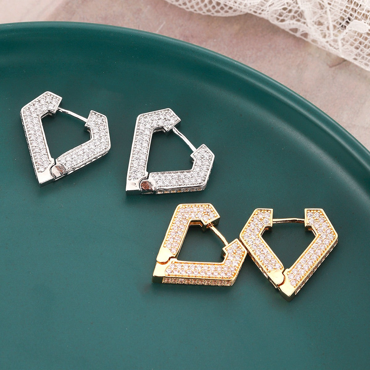 18K gold geometric triangle inlaid with zircon design exquisite dazzling earrings-Luxore