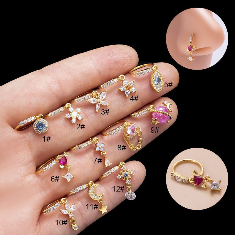 18K gold flower/moon inlaid gemstone design high-end nose ornament-Luxore