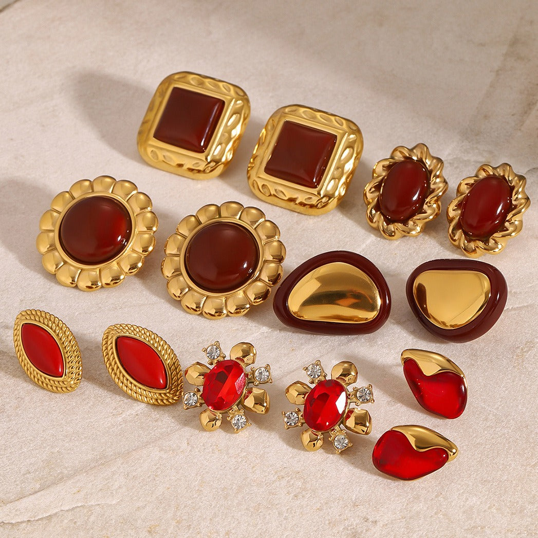 18K gold geometric inlaid gemstone design high-end earrings-Luxore