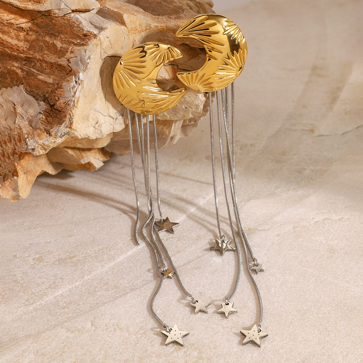 Gold Plated Moon and Star Celestial Tassel Earrings-Luxore