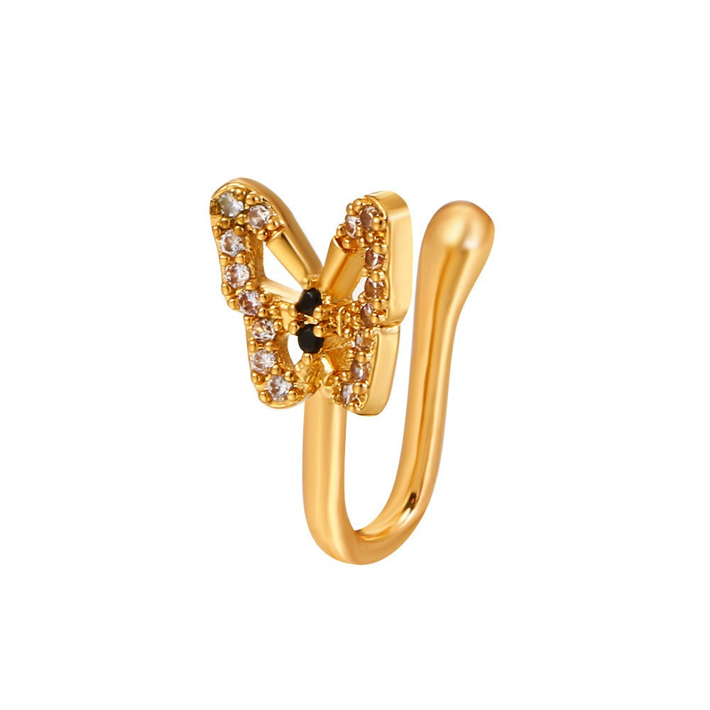 18K gold U-shaped nose ornament with butterfly inlaid gemstones, exquisite and noble design-Luxore