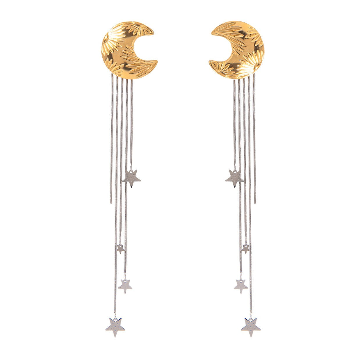 Gold Plated Moon and Star Celestial Tassel Earrings-Luxore