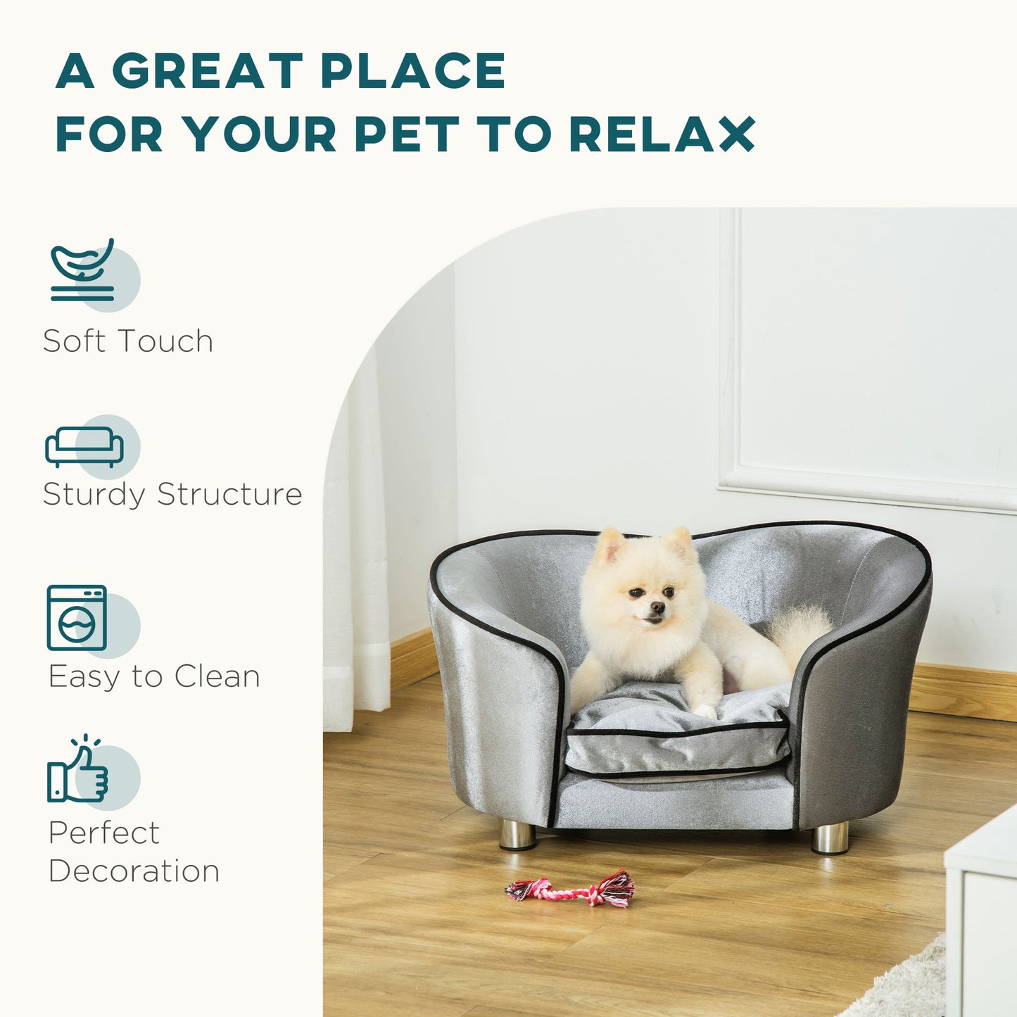Pet Sofa Couch, Dog Bed, Cat Lounger, with Storage Pocket Removable Cushion Modern Furniture for Small Dogs, 69 x 49 x 38cm, Silver Grey-4