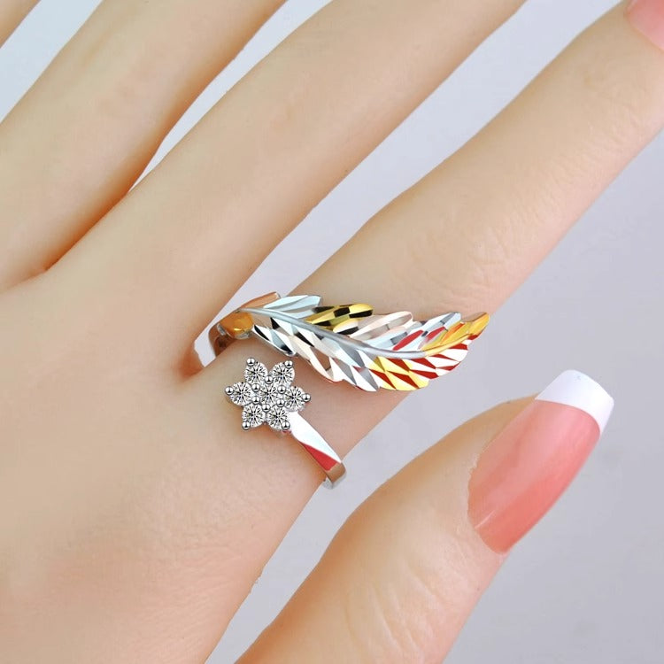 18K gold feather with flower-shaped gemstone design light luxury high-end ring-Luxore
