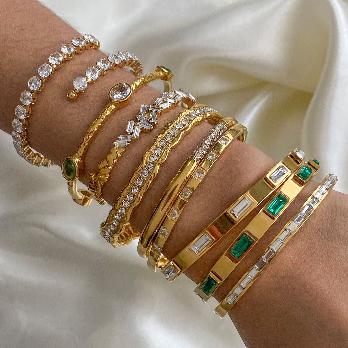 18K gold geometric inlaid gemstone design light luxury high-end bracelet hair accessories set-Luxore