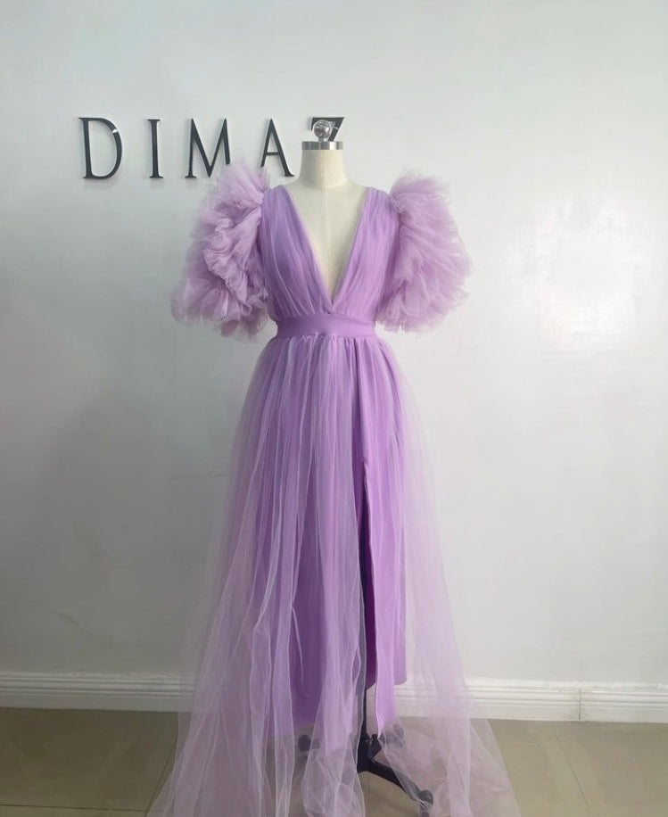 Lavender Ixora Gown – Shimmering Scuba and Tulle Fabric with Thigh-High Slit-Luxore