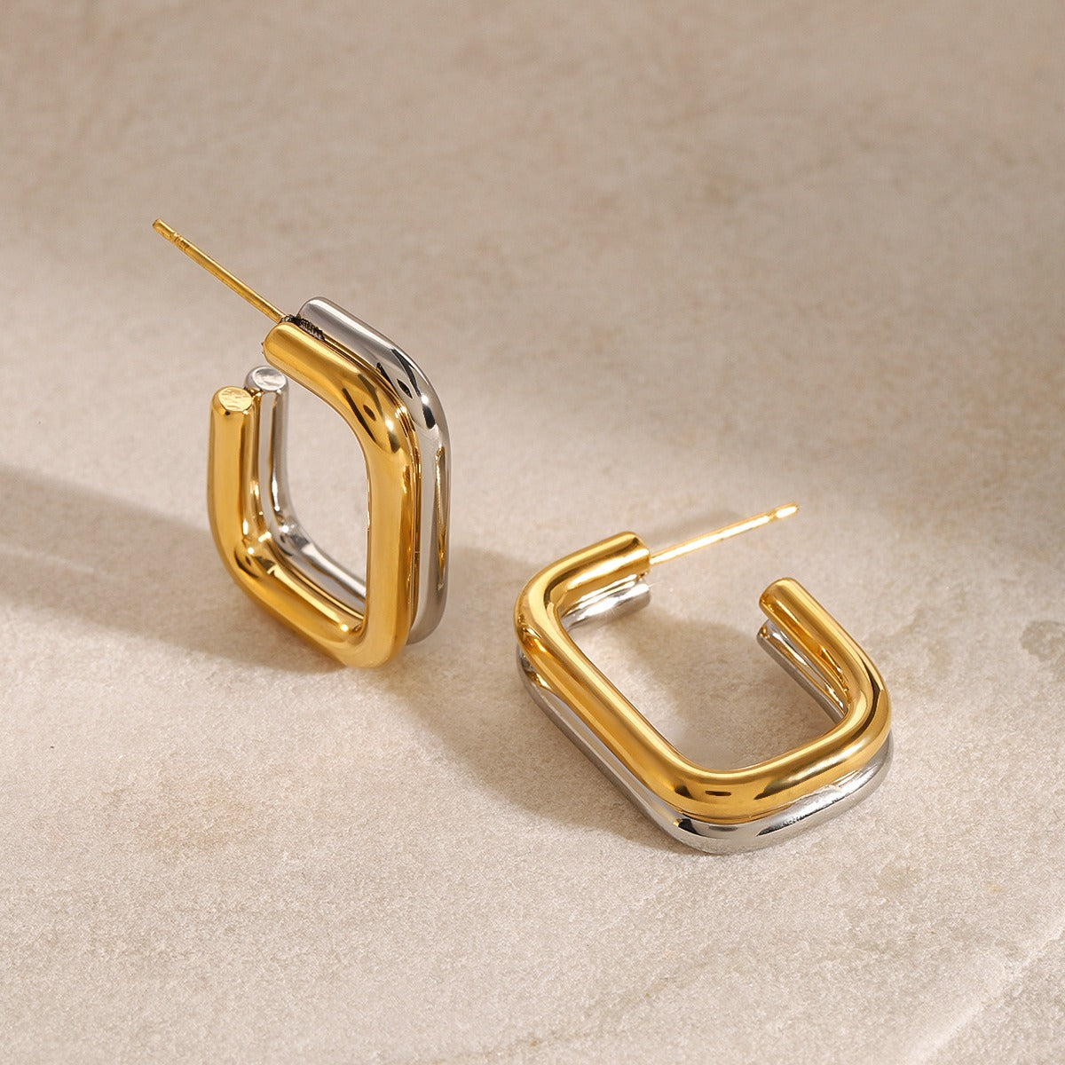 Gold Plated double-layer geometric earrings with gold and silver contrast design-Luxore