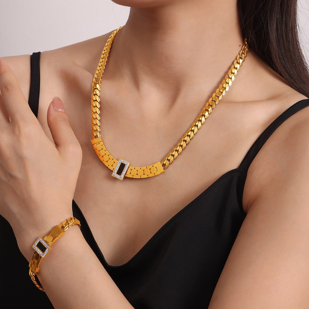 18K gold exquisite light luxury geometric inlaid zircon and gemstone design versatile bracelet necklace set-Luxore