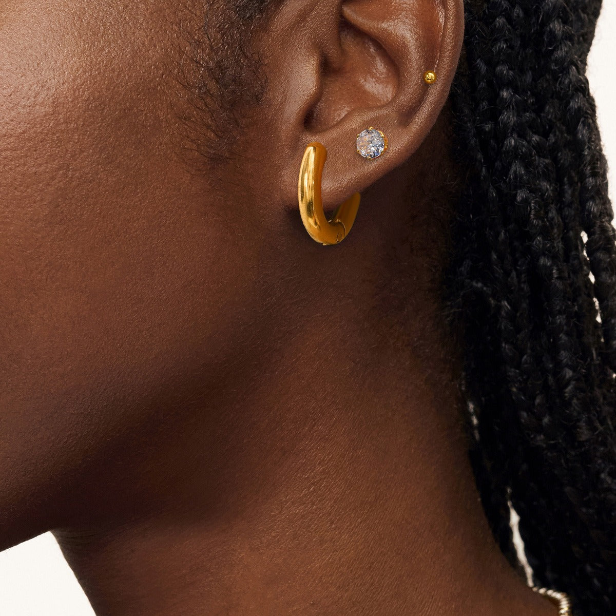 Gold Plated Triple-Element Hoop Earrings with Gem Inlay-Luxore