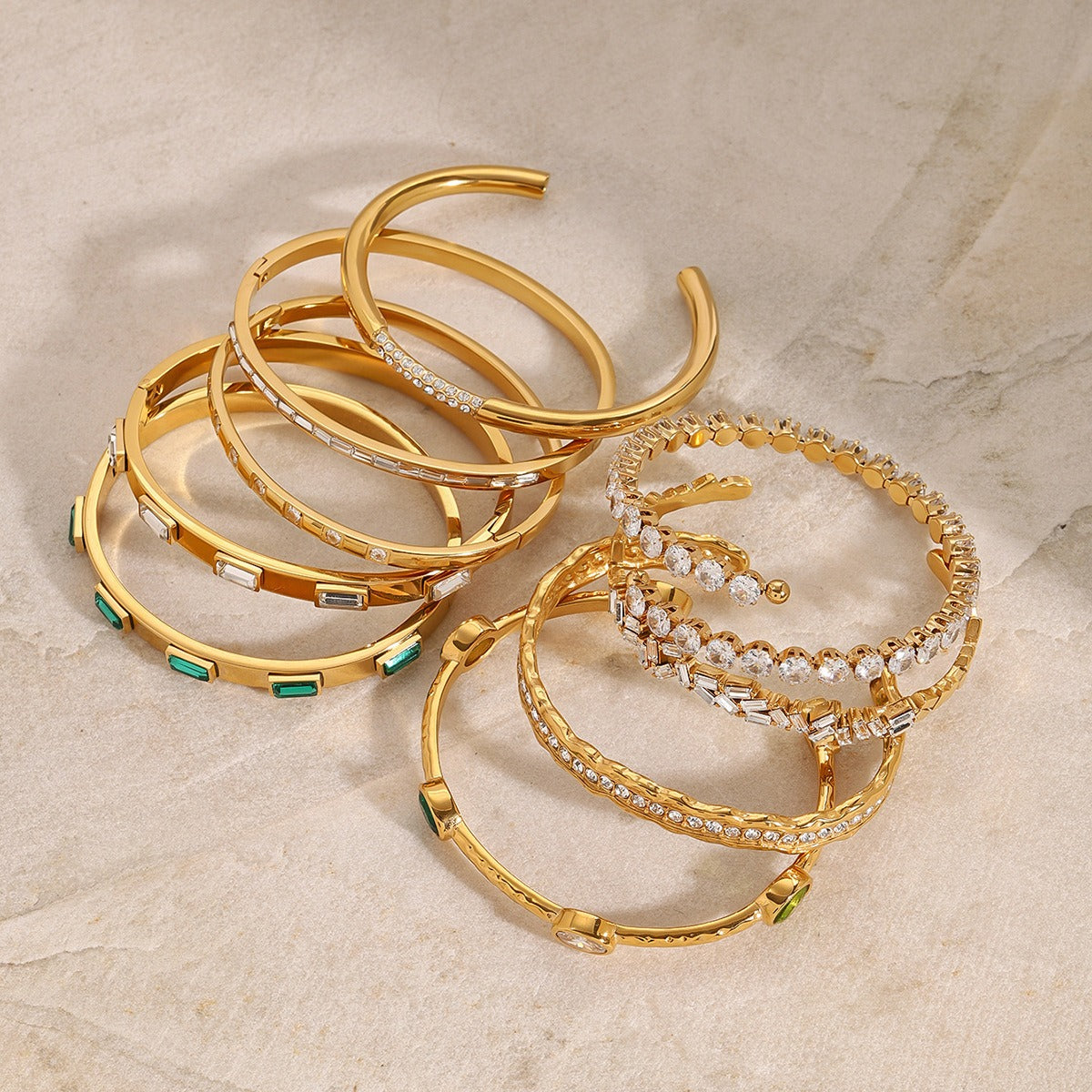 18K gold geometric inlaid gemstone design light luxury high-end bracelet hair accessories set-Luxore