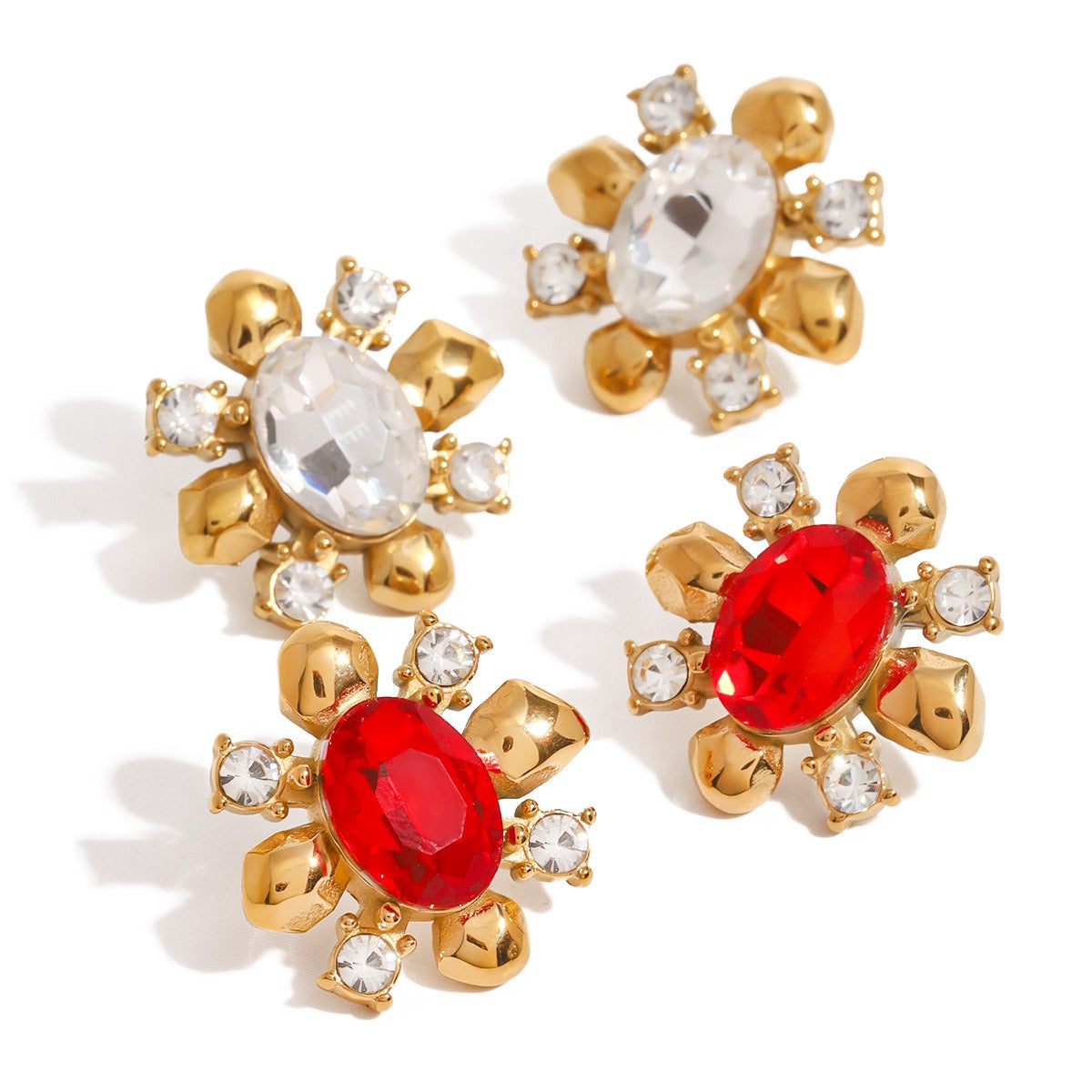 18K gold flower-shaped inlaid gemstone design high-end earrings-Luxore