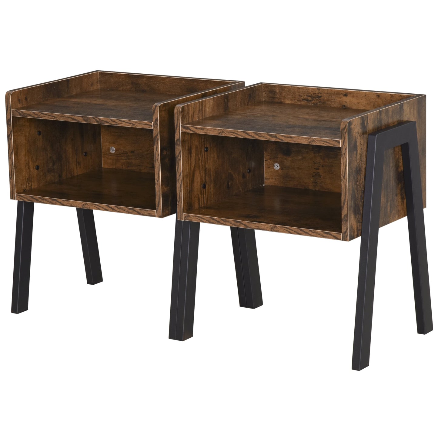 Bedside Table Set of 2 Industrial Nightstand Stackable End Table with Open Front Storage Compartment Retro Furniture with Metal Legs Rustic Brown-0