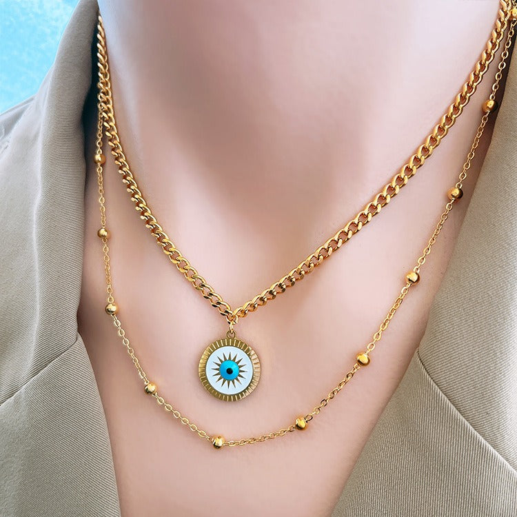 18K gold double chain with sun-shaped/eye design unique high-end necklace-Luxore
