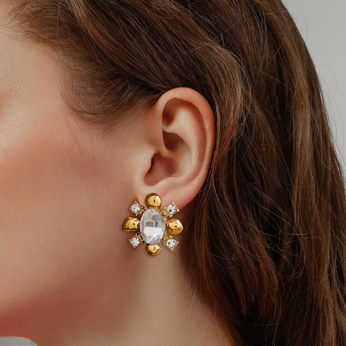 18K gold flower-shaped inlaid gemstone design high-end earrings-Luxore