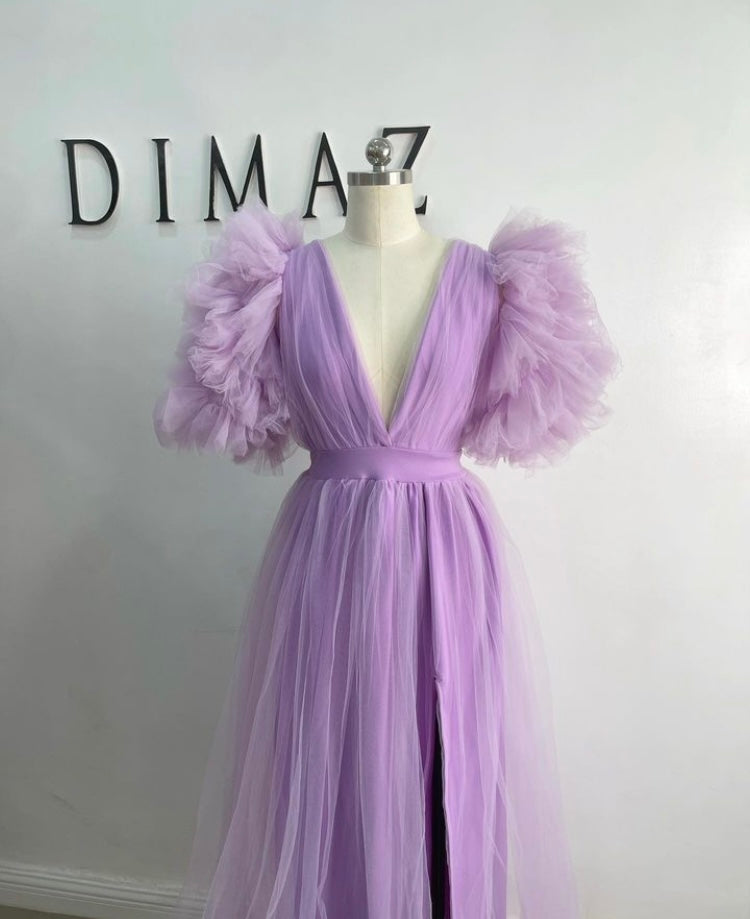 Lavender Ixora Gown – Shimmering Scuba and Tulle Fabric with Thigh-High Slit-Luxore