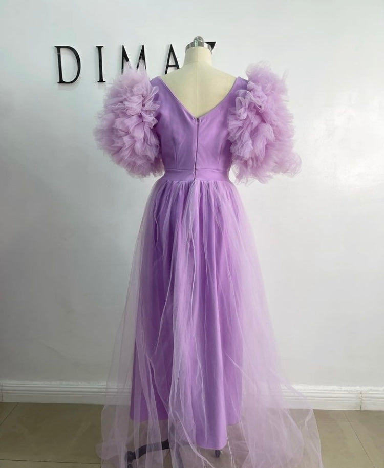 Lavender Ixora Gown – Shimmering Scuba and Tulle Fabric with Thigh-High Slit-Luxore