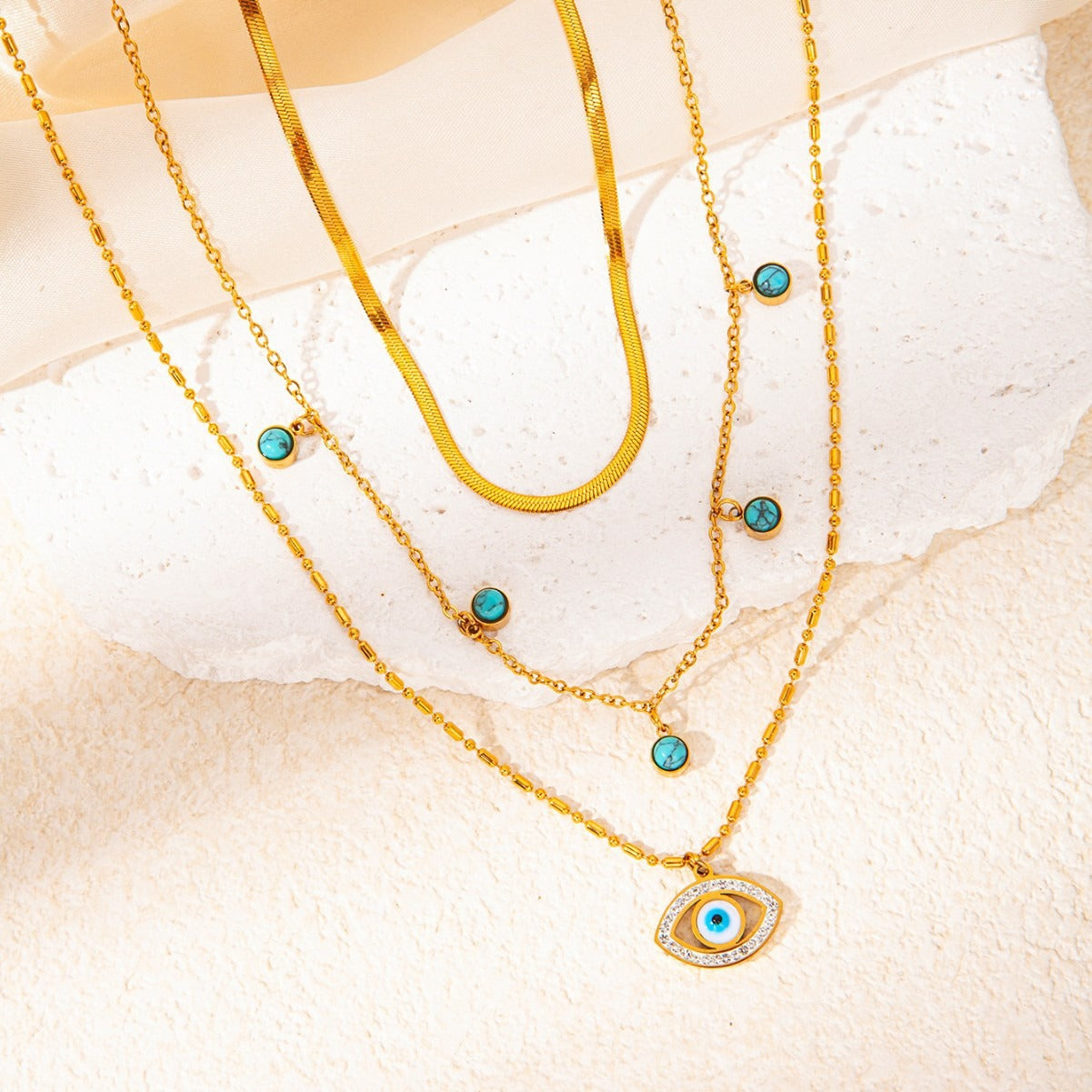 18K gold multi-layer chain with devil's eye diamond design trendy and unique necklace-Luxore
