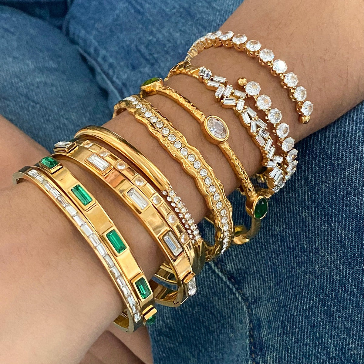 18K gold geometric inlaid gemstone design light luxury high-end bracelet hair accessories set-Luxore
