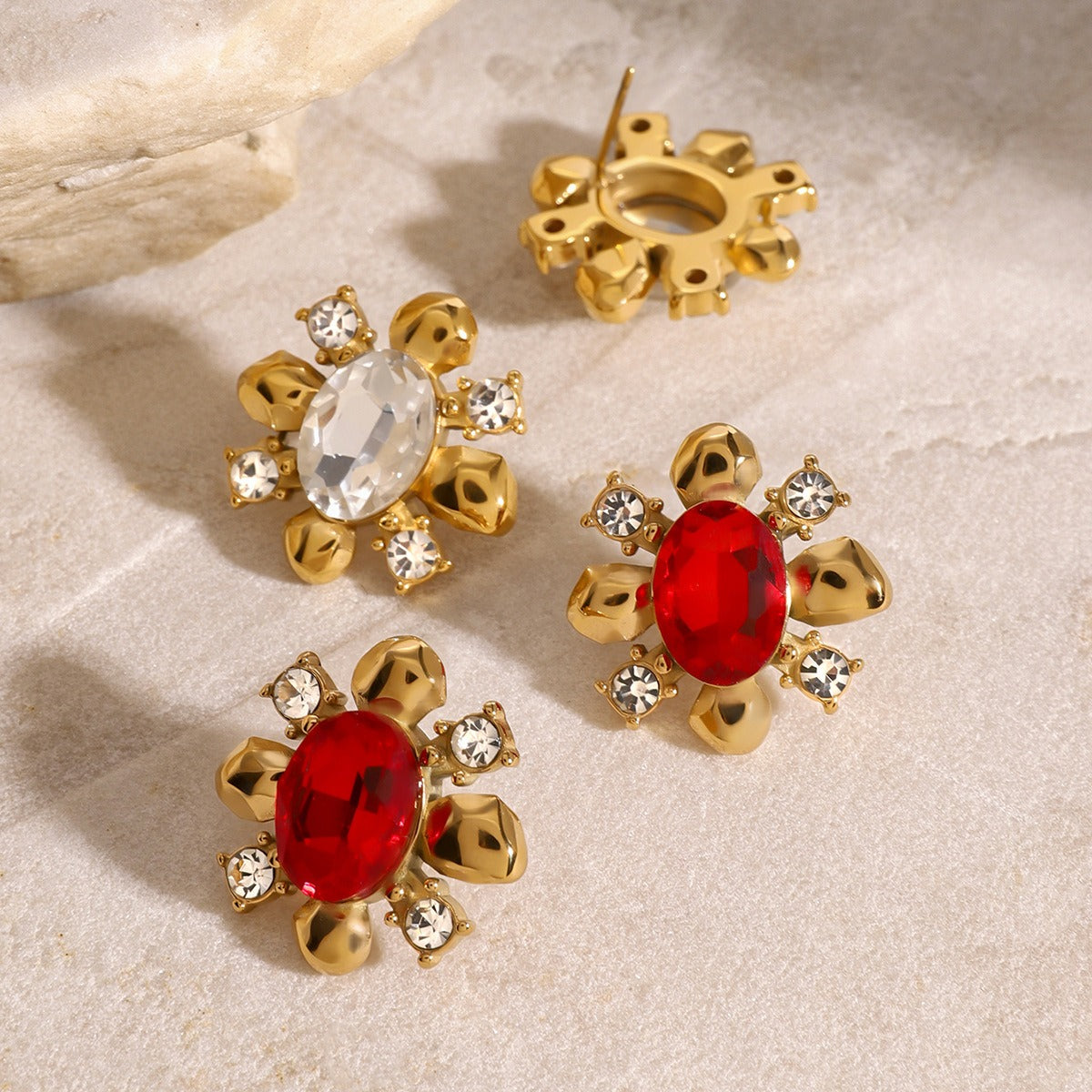 18K gold flower-shaped inlaid gemstone design high-end earrings-Luxore
