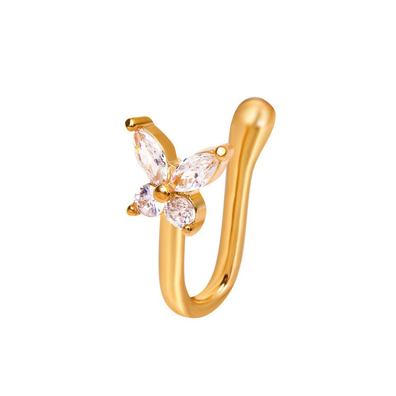 18K gold U-shaped nose ornament with butterfly inlaid gemstones, exquisite and noble design-Luxore