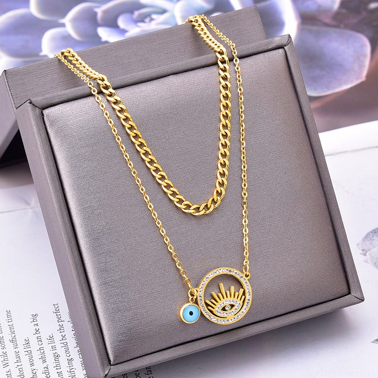 18K gold double chain with sun-shaped/eye design unique high-end necklace-Luxore