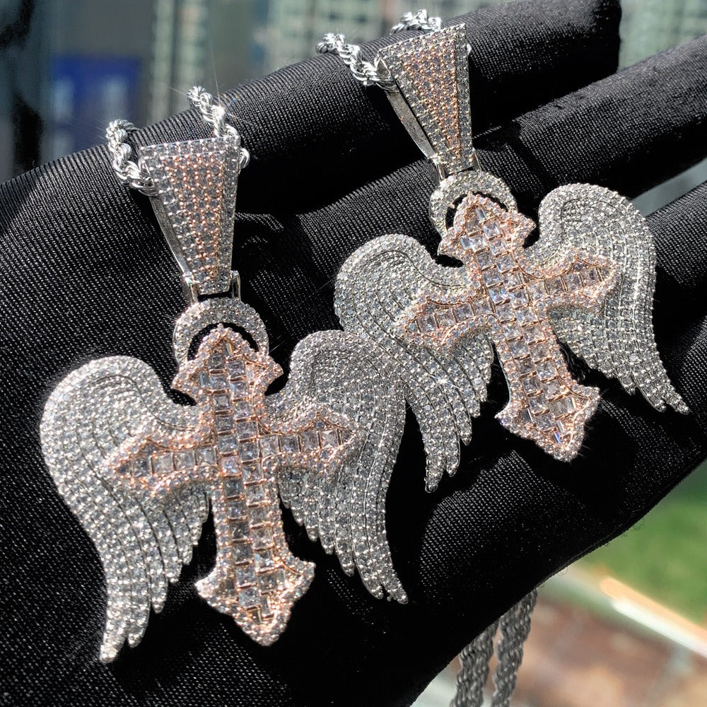Cross with wings inlaid with zircon design fashionable high-end men's necklace-Luxore