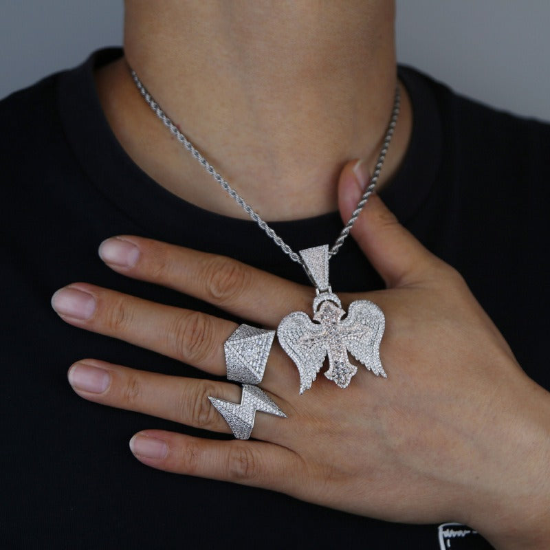 Cross with wings inlaid with zircon design fashionable high-end men's necklace-Luxore