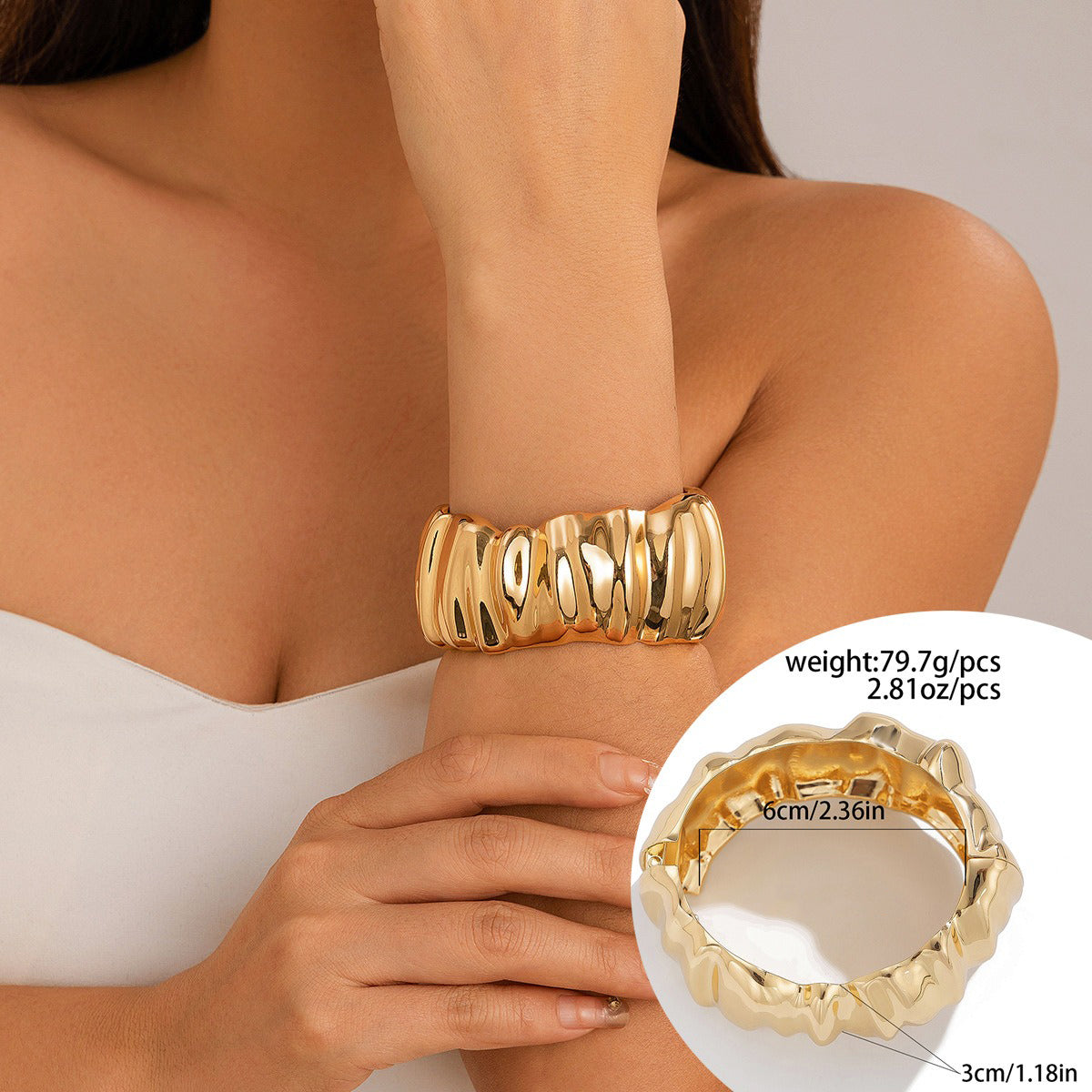 Gold plated Geometric Wide-Face Bracelet with Diamond Inlay-Luxore