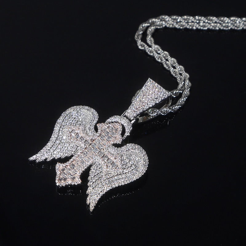 Cross with wings inlaid with zircon design fashionable high-end men's necklace-Luxore
