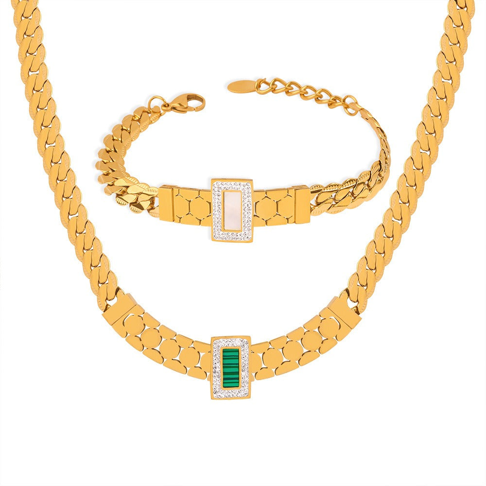 18K gold exquisite light luxury geometric inlaid zircon and gemstone design versatile bracelet necklace set-Luxore