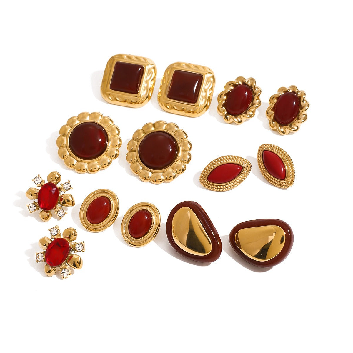 18K gold geometric inlaid gemstone design high-end earrings-Luxore