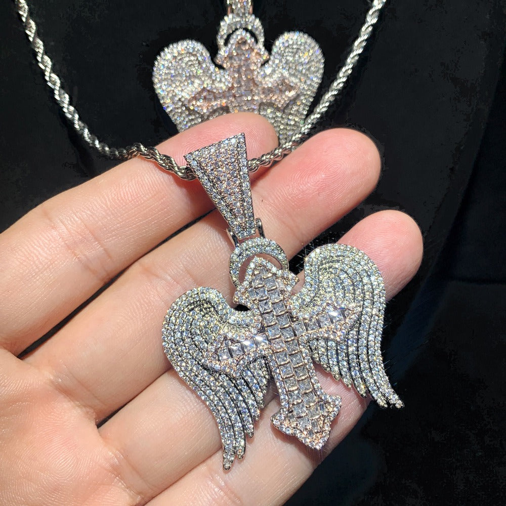 Cross with wings inlaid with zircon design fashionable high-end men's necklace-Luxore