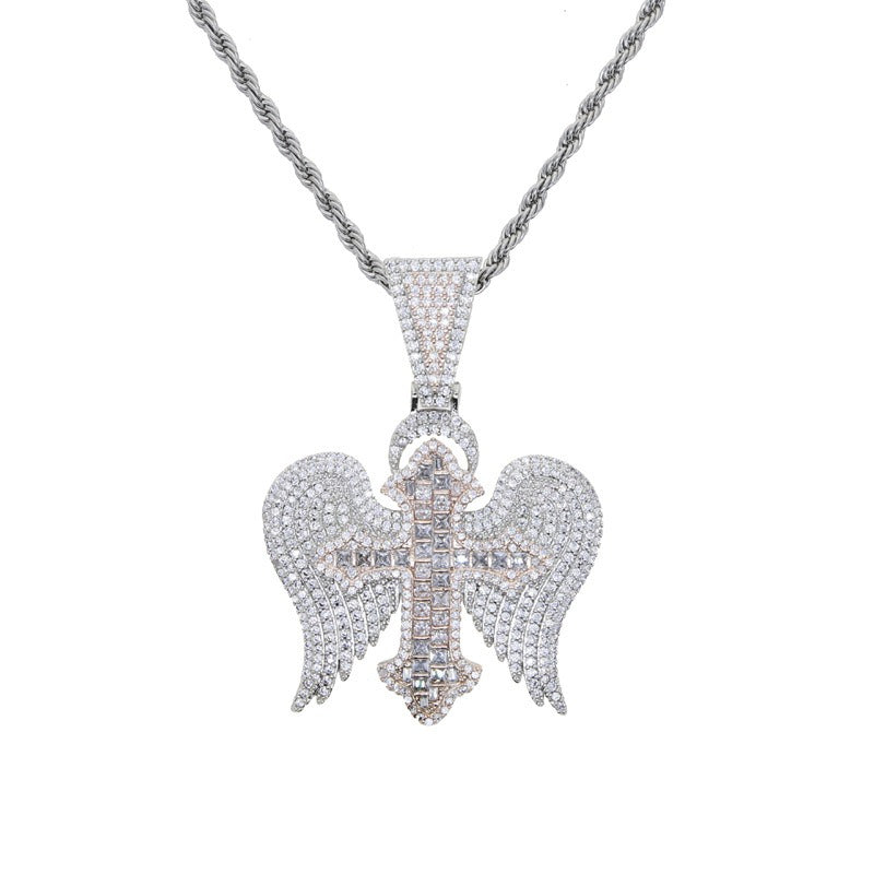 Cross with wings inlaid with zircon design fashionable high-end men's necklace-Luxore