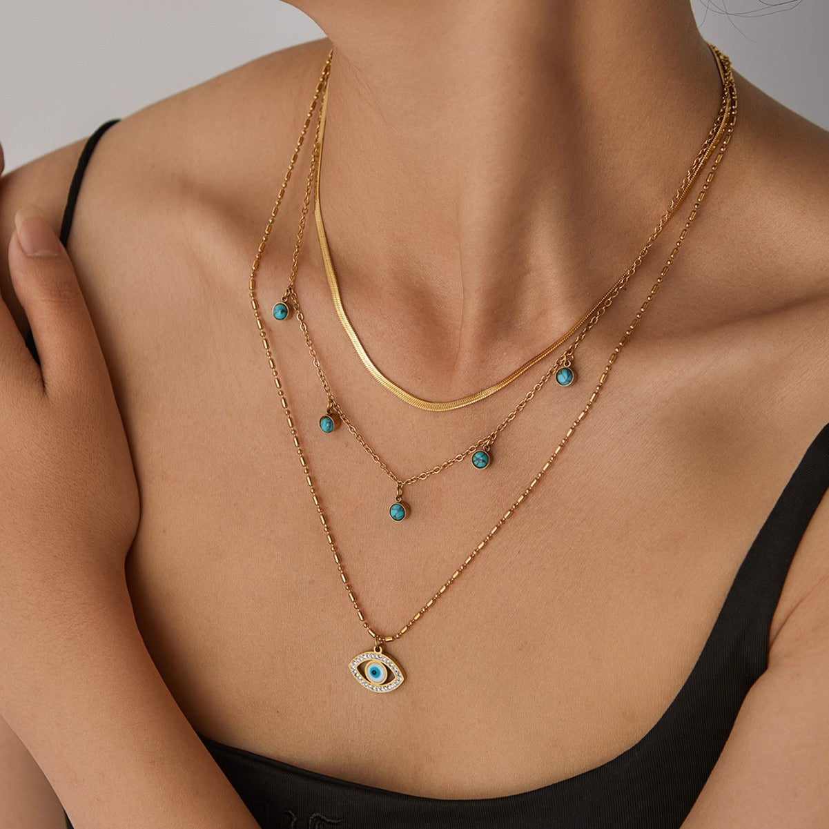 18K gold multi-layer chain with devil's eye diamond design trendy and unique necklace-Luxore