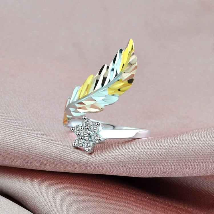 18K gold feather with flower-shaped gemstone design light luxury high-end ring-Luxore
