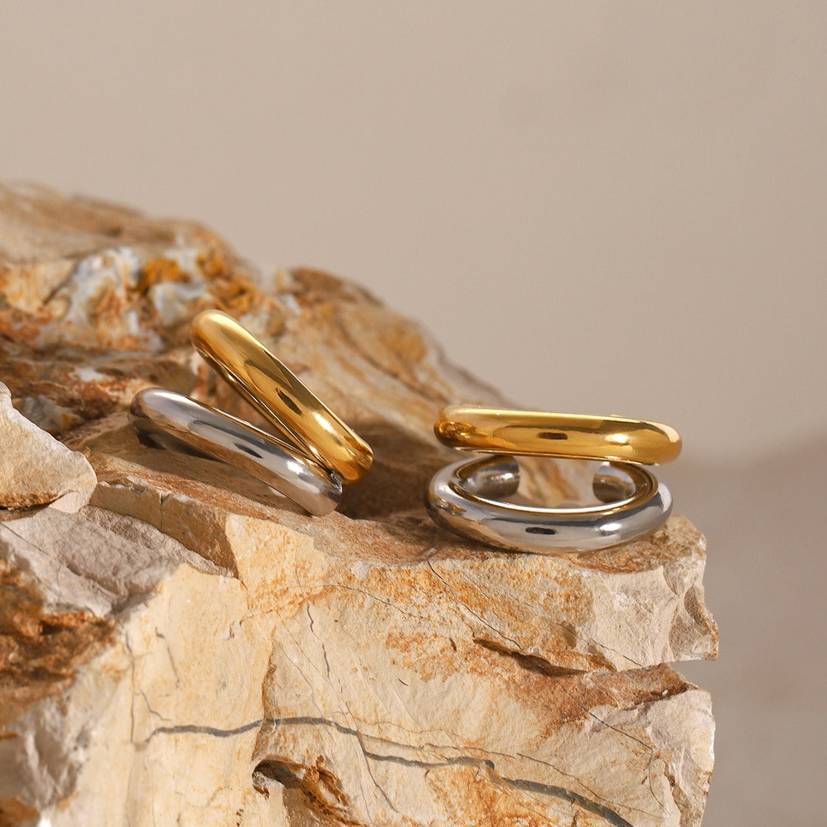 18K gold double-layer C-shaped earrings with gold and silver contrasting high-end feel-Luxore