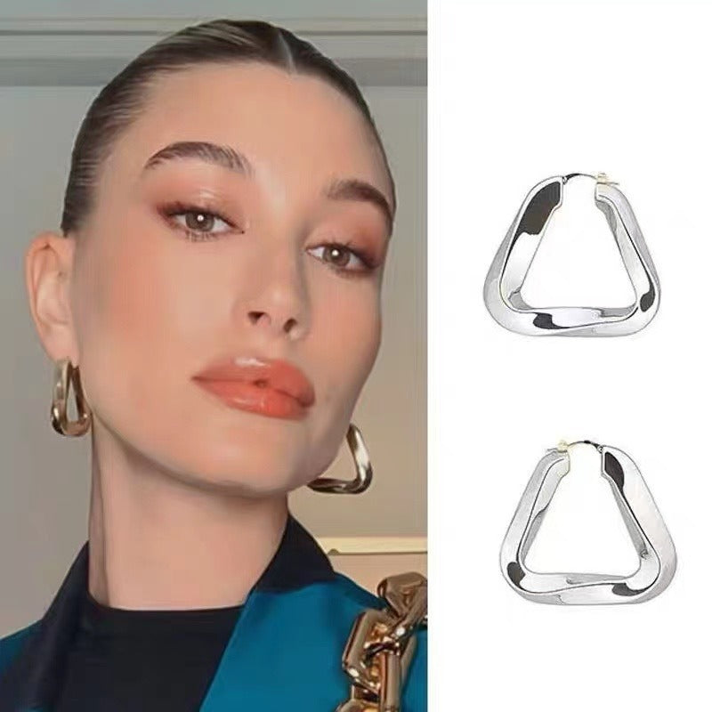 18K gold hollow triangle with irregular twisted design simple personality earrings-Luxore