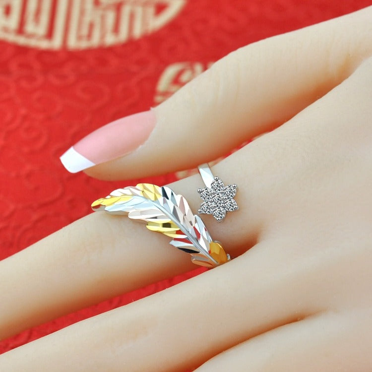 18K gold feather with flower-shaped gemstone design light luxury high-end ring-Luxore