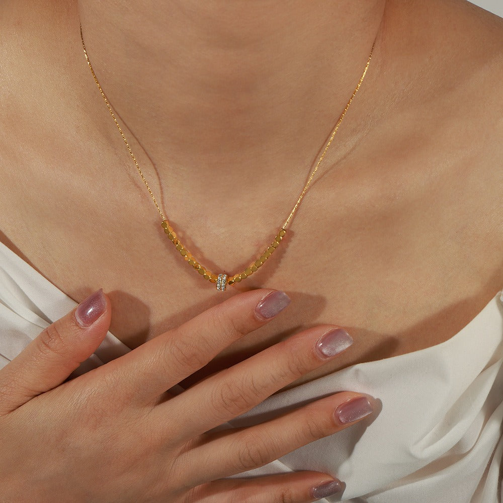 18K gold light luxury noble geometric square and round inlaid zircon design pendant necklace-Luxore