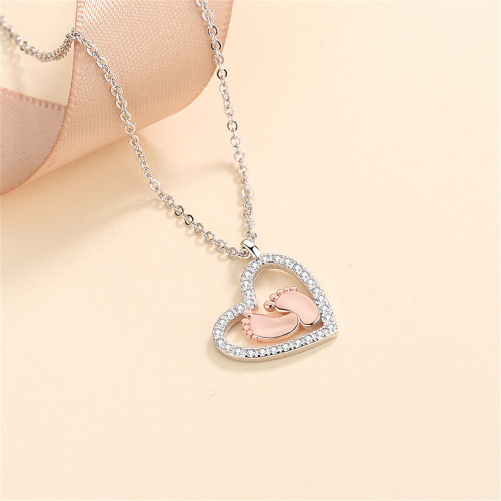 Open Heart Diamond-Set Little Feet Pendant Necklace – A Tribute to Maternal Love-Luxore