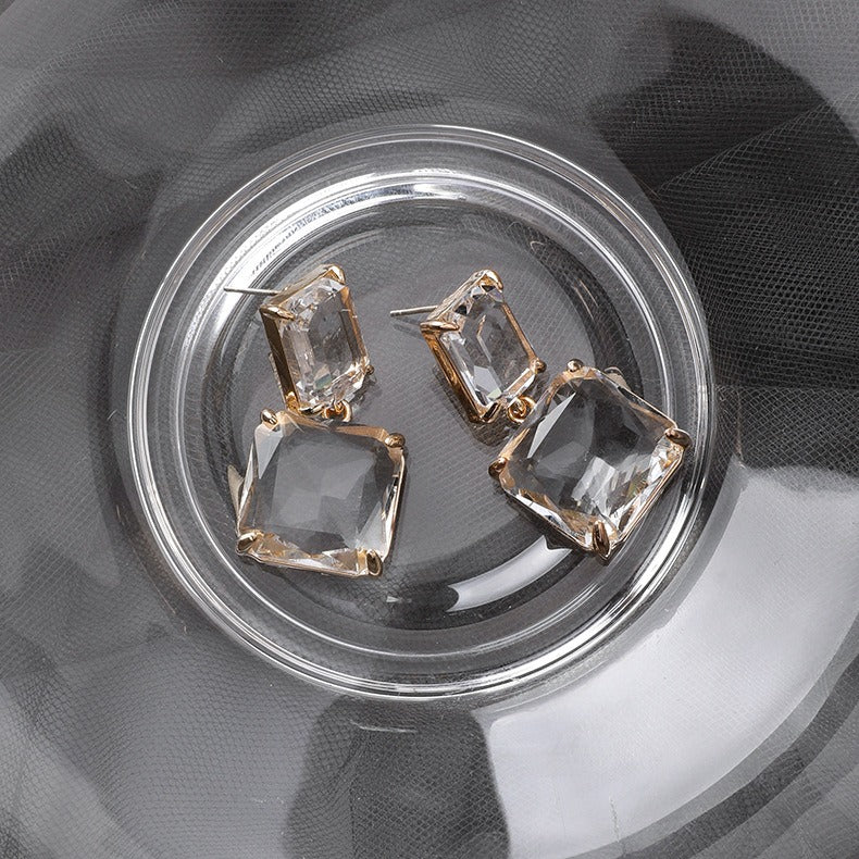 18K PVD Gold Inlaid Geometric Square Crystal High-End Earrings-Luxore