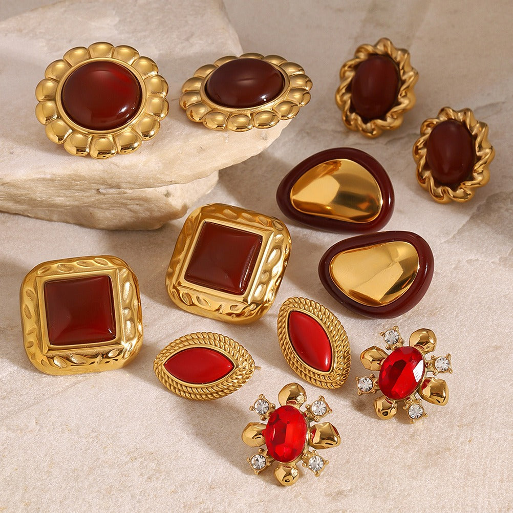 18K gold geometric inlaid gemstone design high-end earrings-Luxore