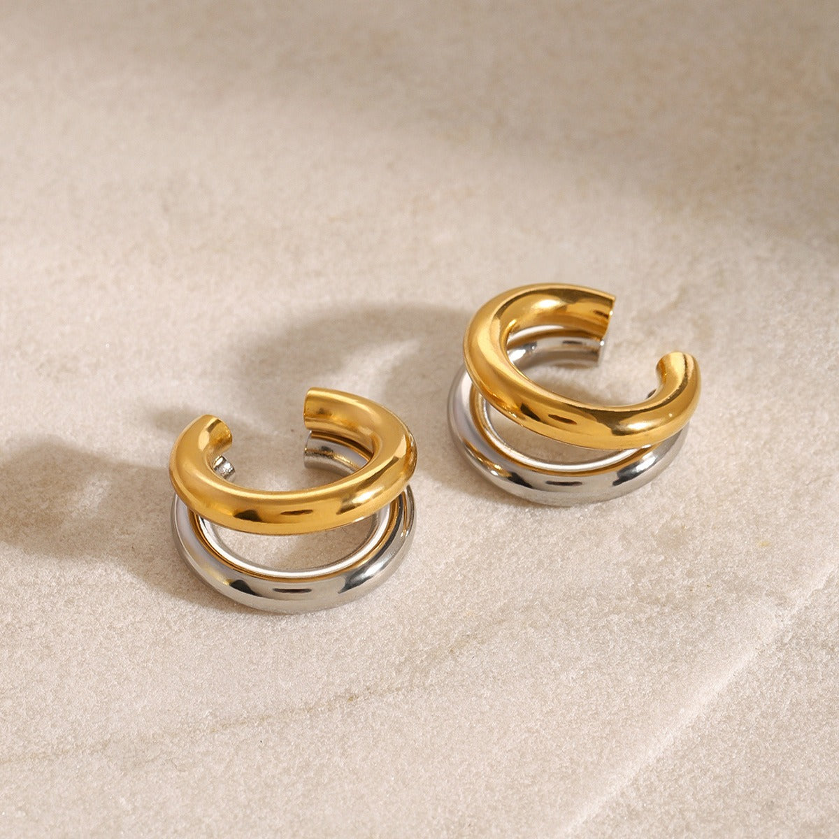 18K gold double-layer C-shaped earrings with gold and silver contrasting high-end feel-Luxore