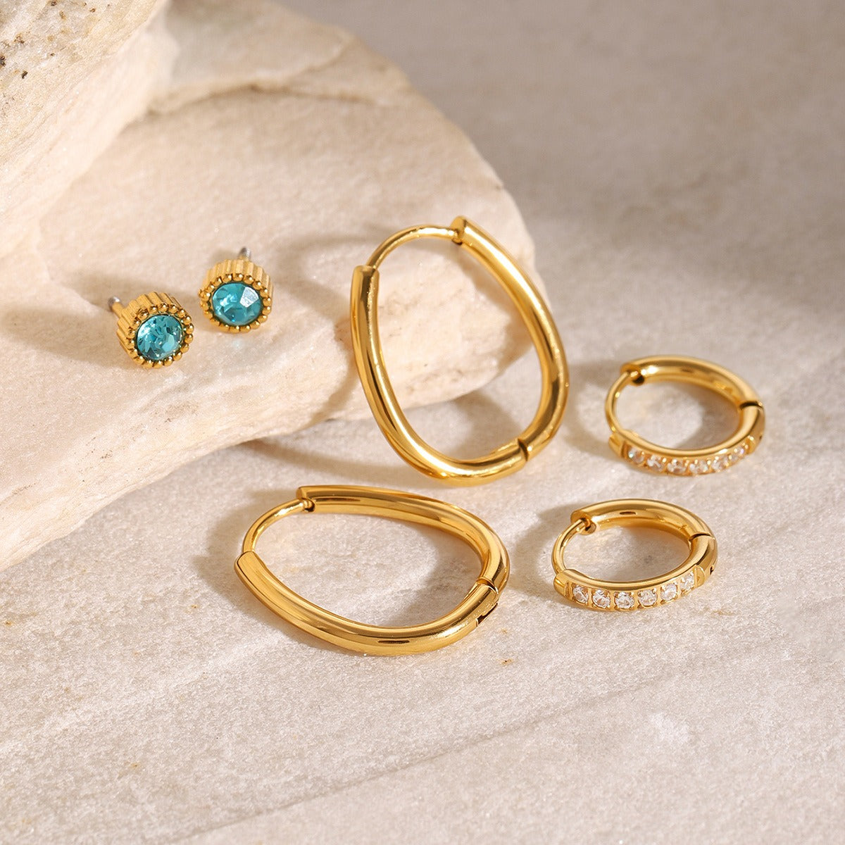 18K gold U-shaped/round inlaid gemstone design high-end earrings-Luxore
