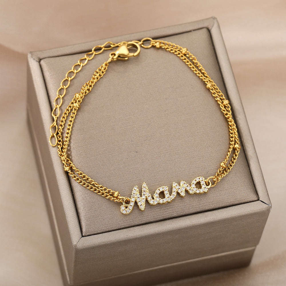 18K gold double chain with MaMa diamond-studded high-end bracelet-Luxore