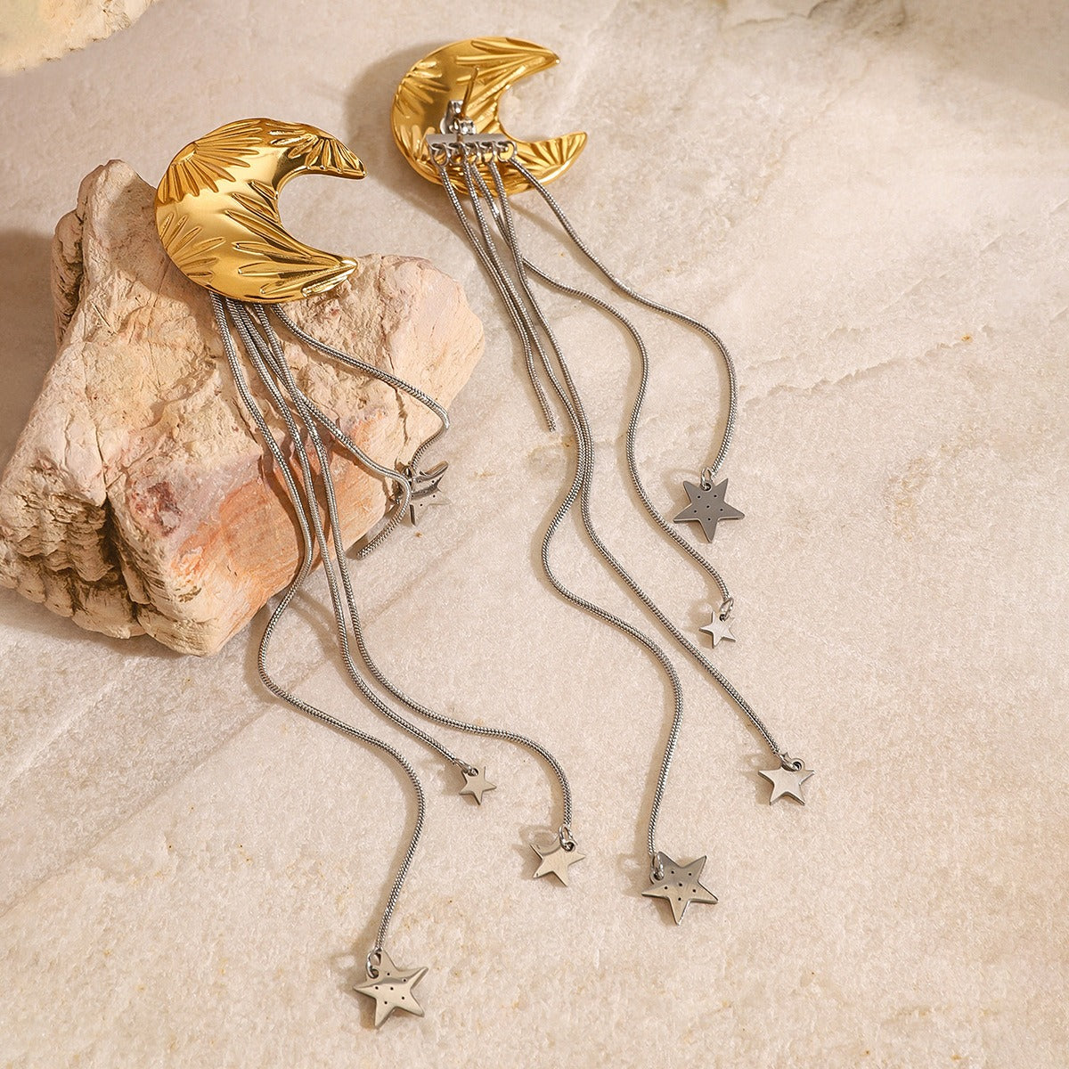 Gold Plated Moon and Star Celestial Tassel Earrings-Luxore