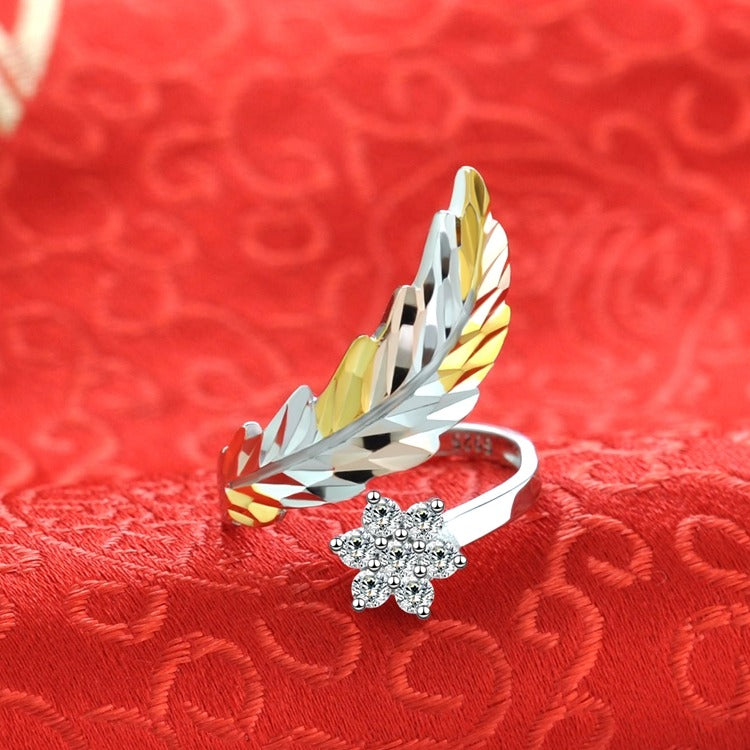 18K gold feather with flower-shaped gemstone design light luxury high-end ring-Luxore